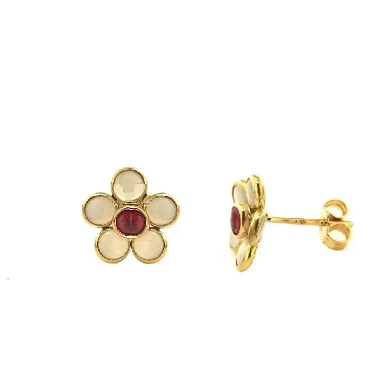 18k Yellow Gold Moonstone and Ruby Flower post Earrings 