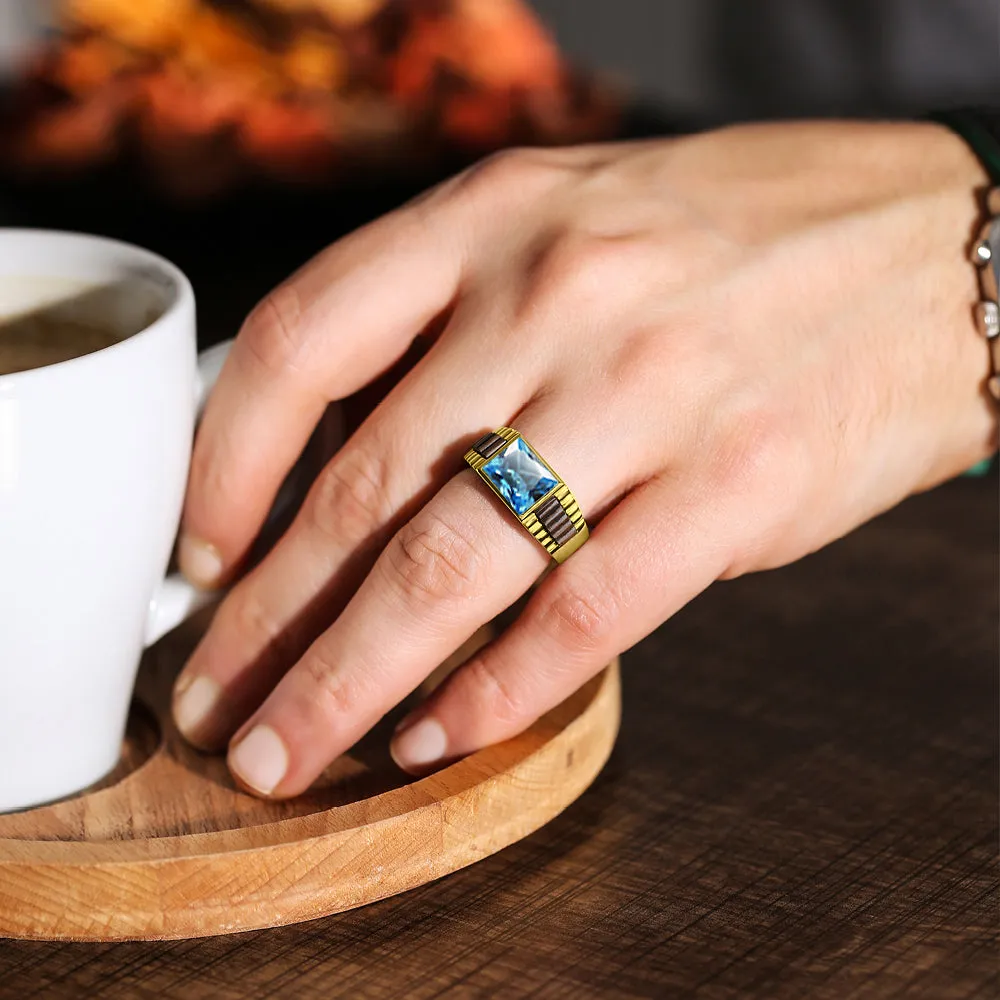 18K Yellow Gold Plated Mens Heavy Silver Band Ring Topaz Gemstone Perfect Ring