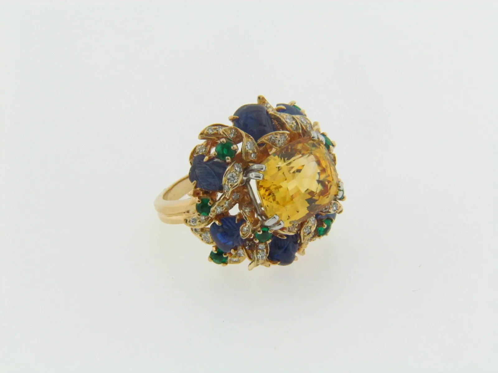 18K YELLOW GOLD, YELLOW SAPPHIRE, EMERALD, SAPPHIRE, AND DIAMOND RING