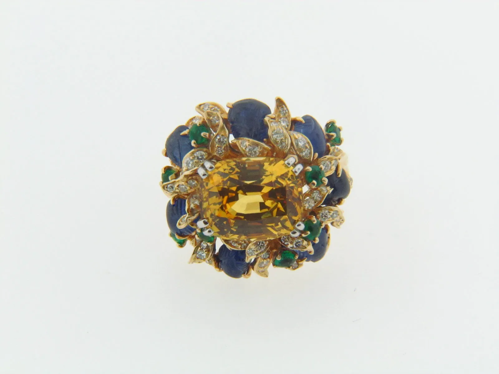 18K YELLOW GOLD, YELLOW SAPPHIRE, EMERALD, SAPPHIRE, AND DIAMOND RING