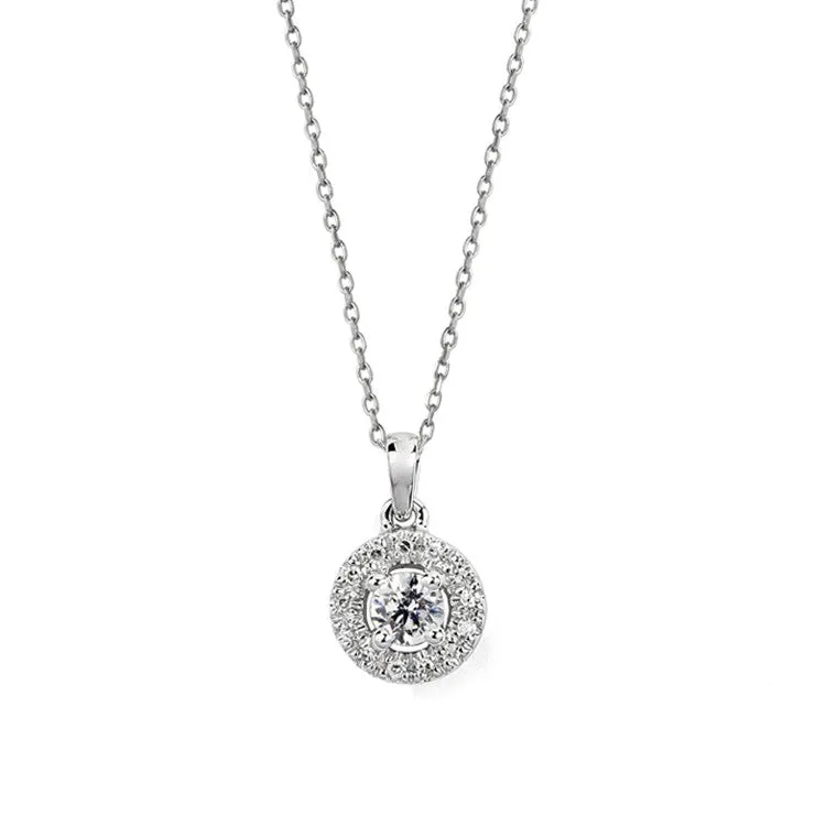 18kt White Gold Round Cut Diamond with Halo Pendant Necklace, 0.75TCW