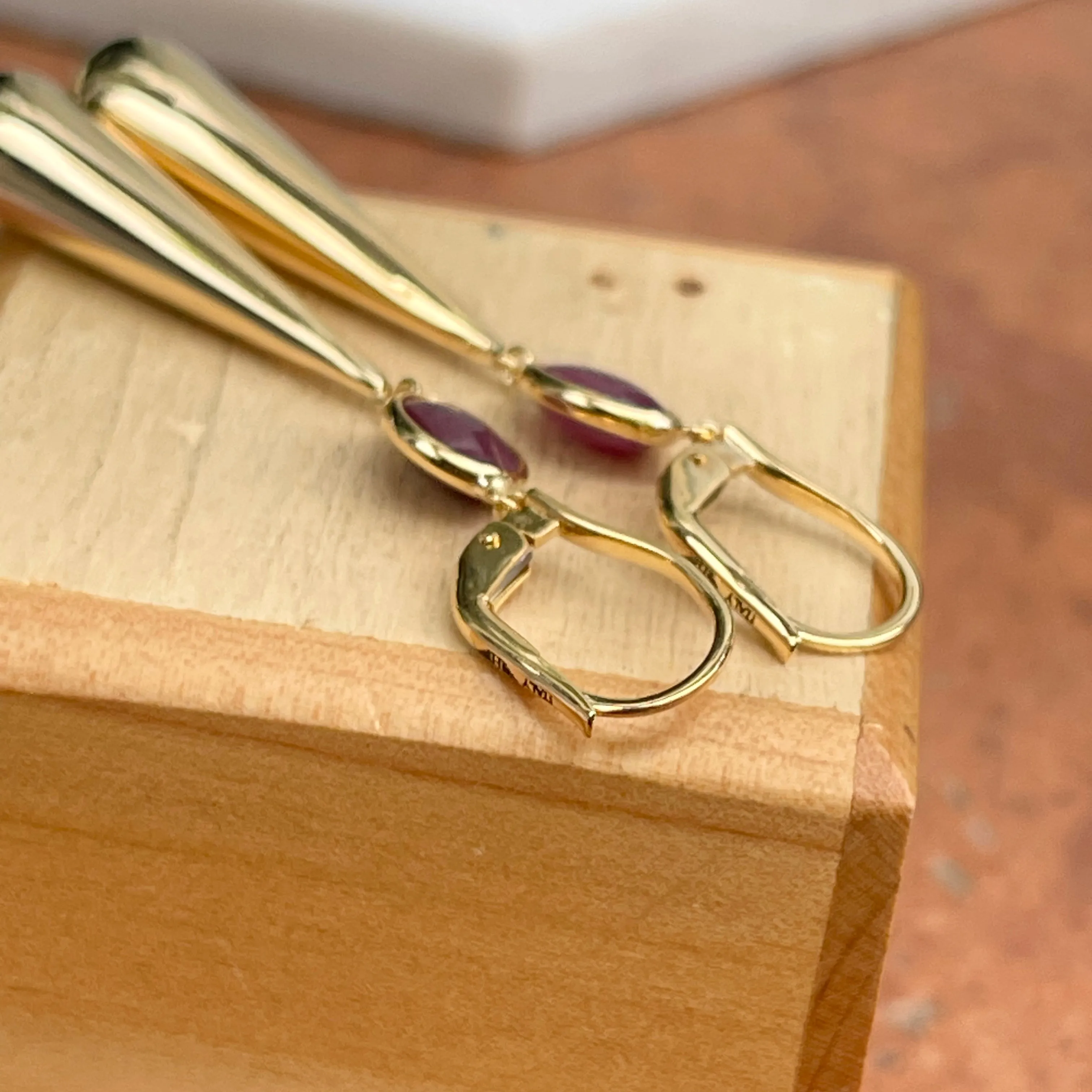 18KT Yellow Gold Teardrop Red Corundum Lever Back Earrings