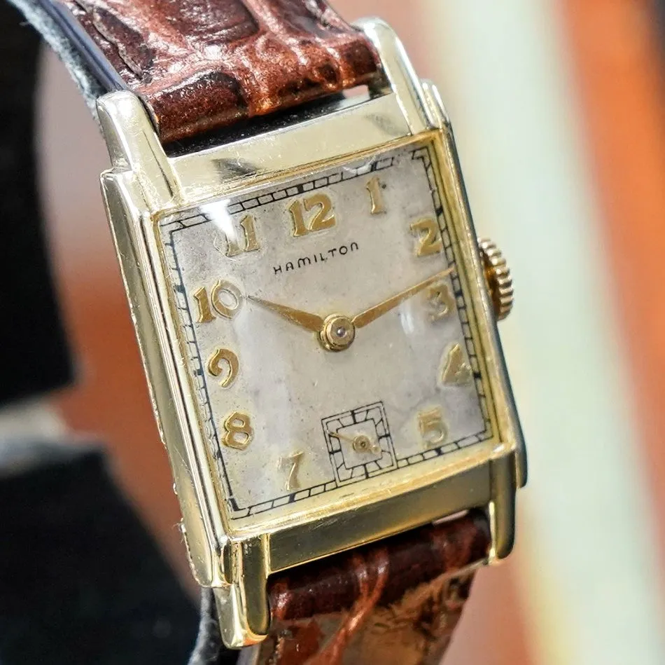 1946 HAMILTON Tank Case Watch 19 Jewels Cal. 982 U.S.A. Wristwatch 14K Gold Filled