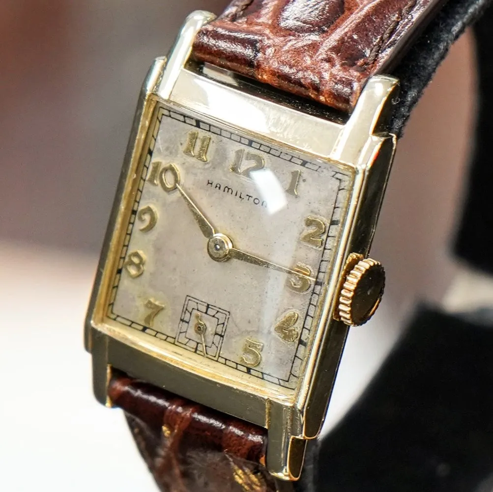 1946 HAMILTON Tank Case Watch 19 Jewels Cal. 982 U.S.A. Wristwatch 14K Gold Filled