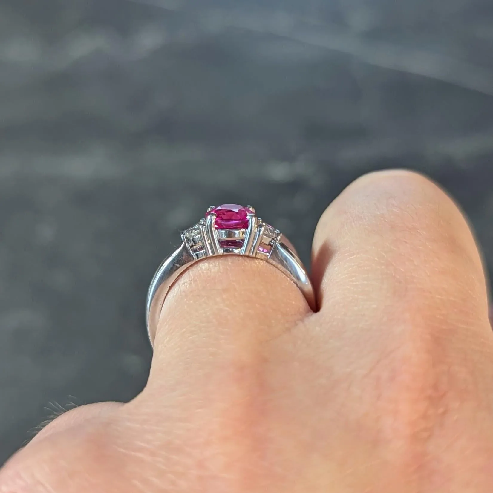 1990's 1.78 CTW Pink Sapphire Diamond Platinum Vintage Three Stone Ring