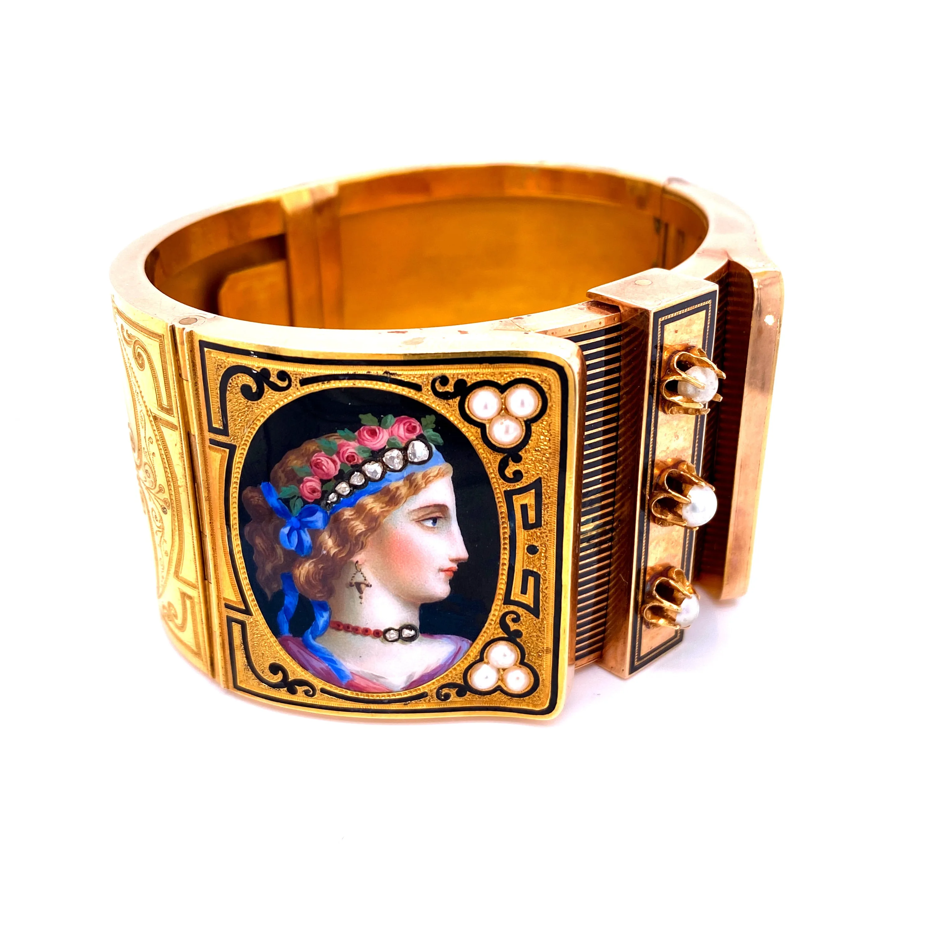 19th Century Austrian Enamel Diamonds Pearls Gold Portraits Bangle