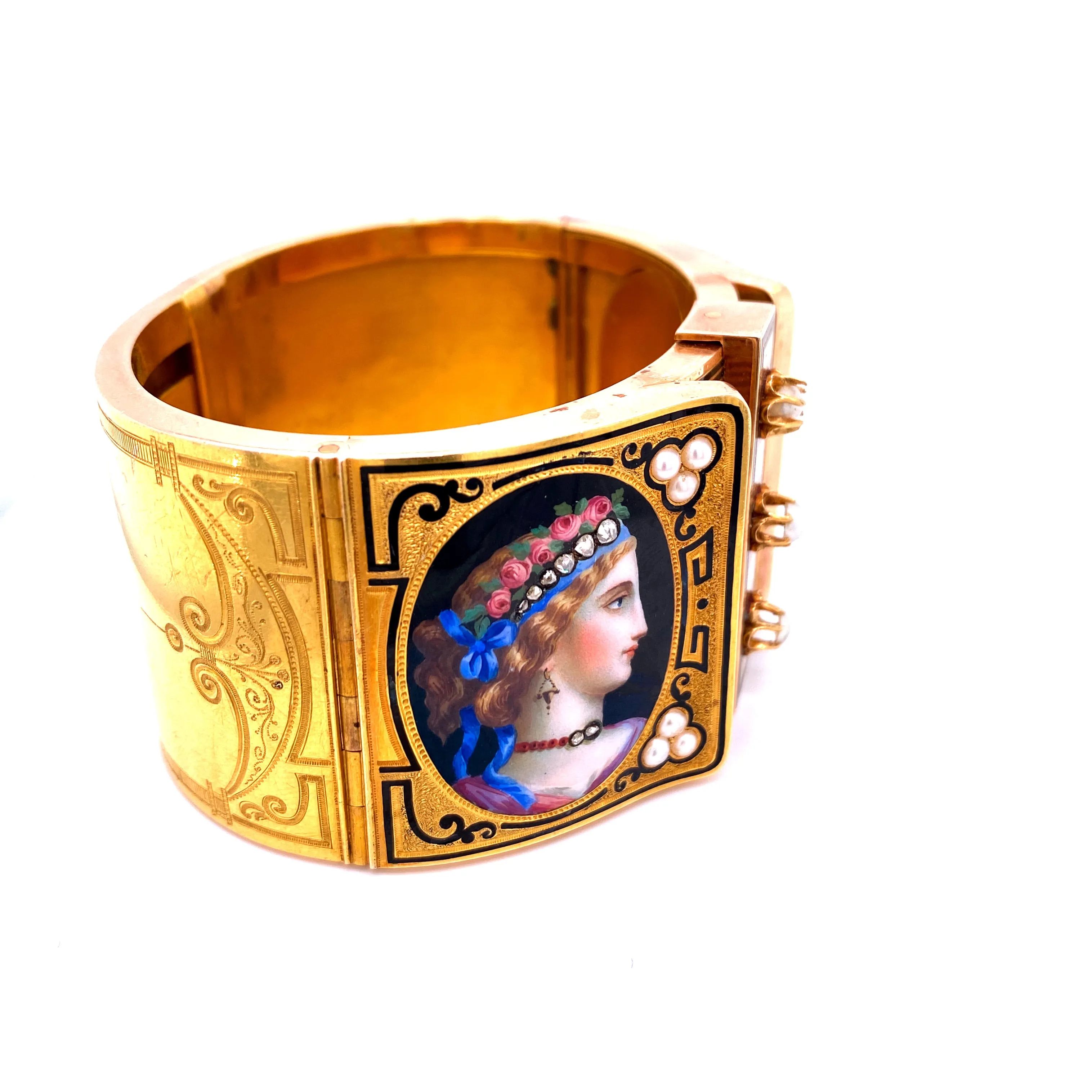 19th Century Austrian Enamel Diamonds Pearls Gold Portraits Bangle