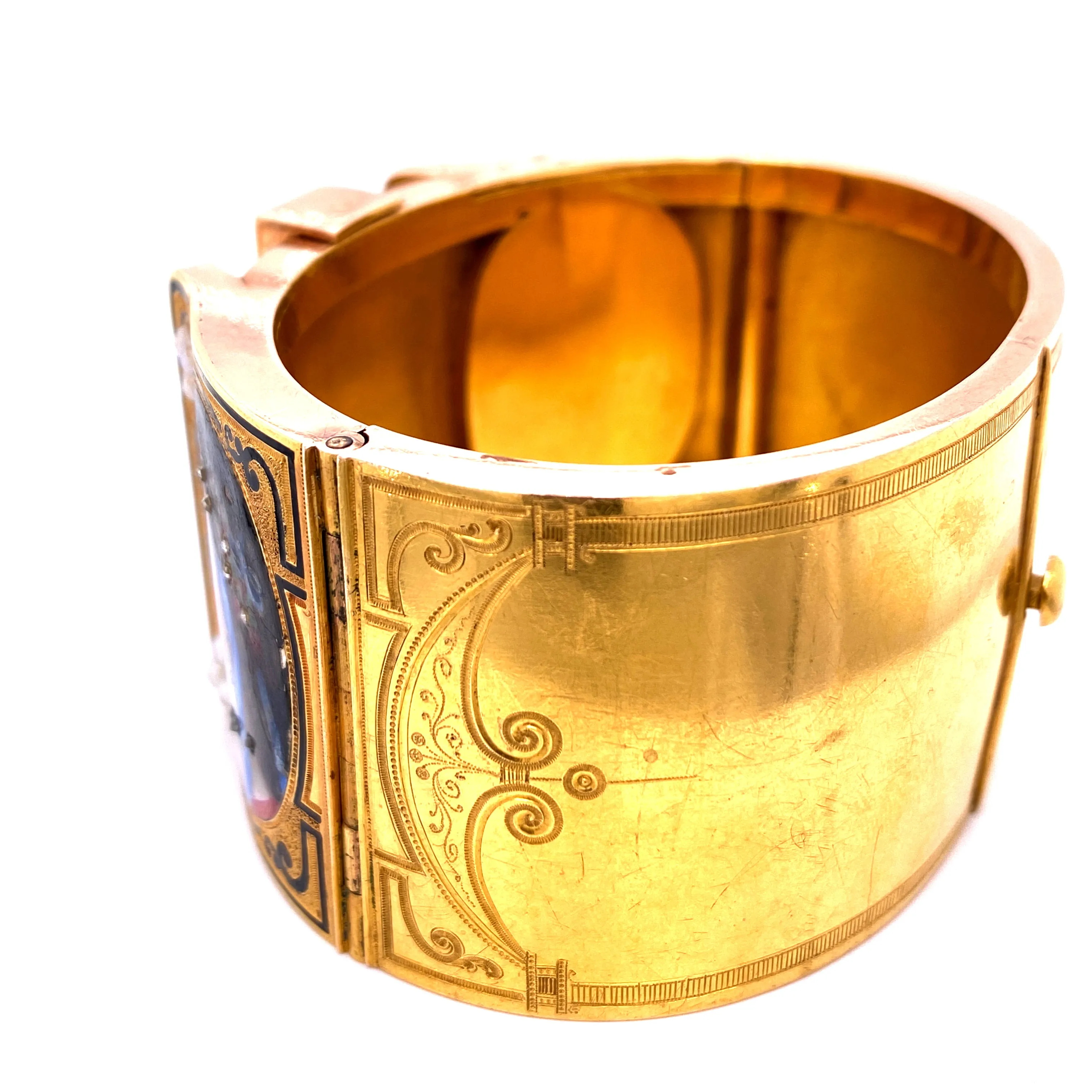 19th Century Austrian Enamel Diamonds Pearls Gold Portraits Bangle
