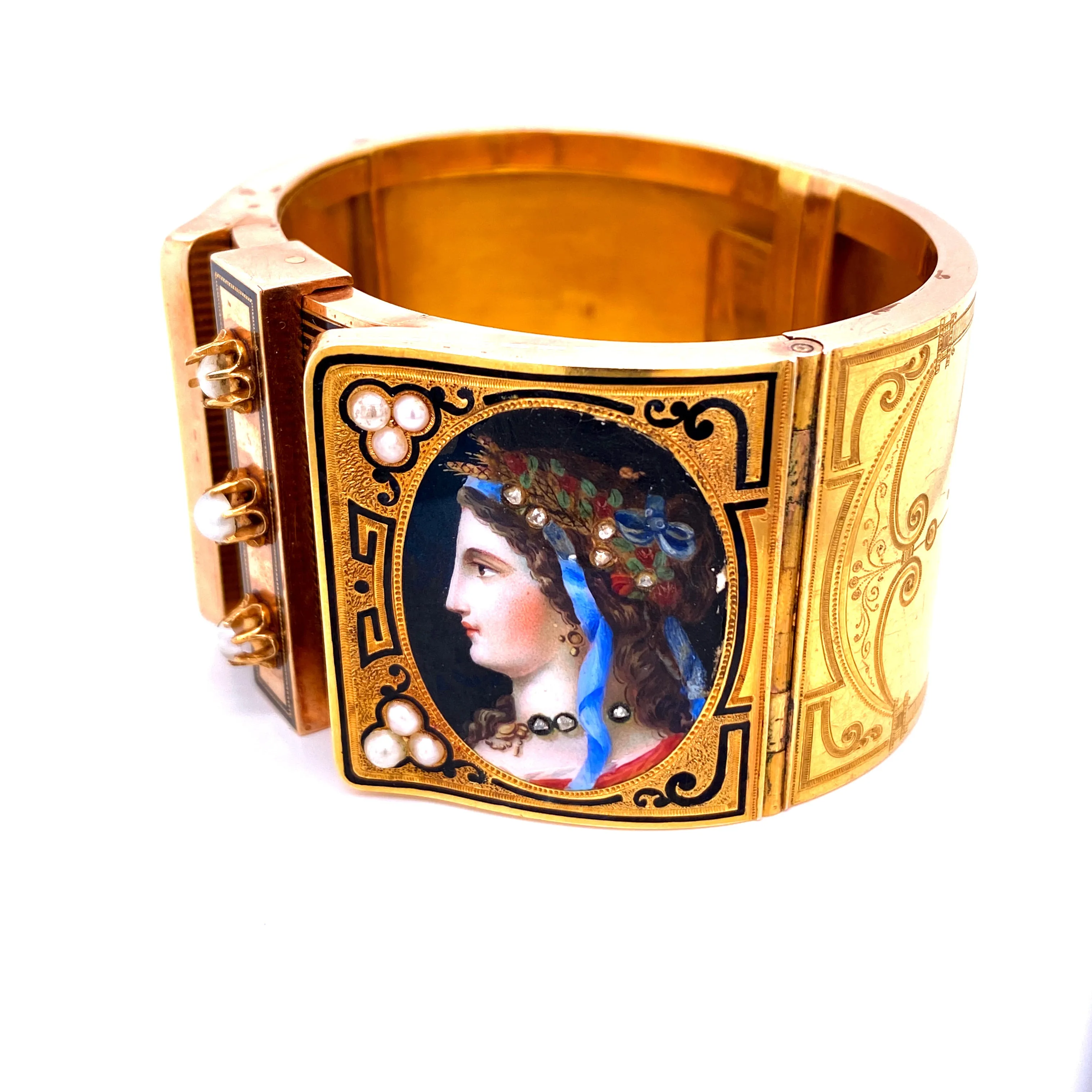 19th Century Austrian Enamel Diamonds Pearls Gold Portraits Bangle