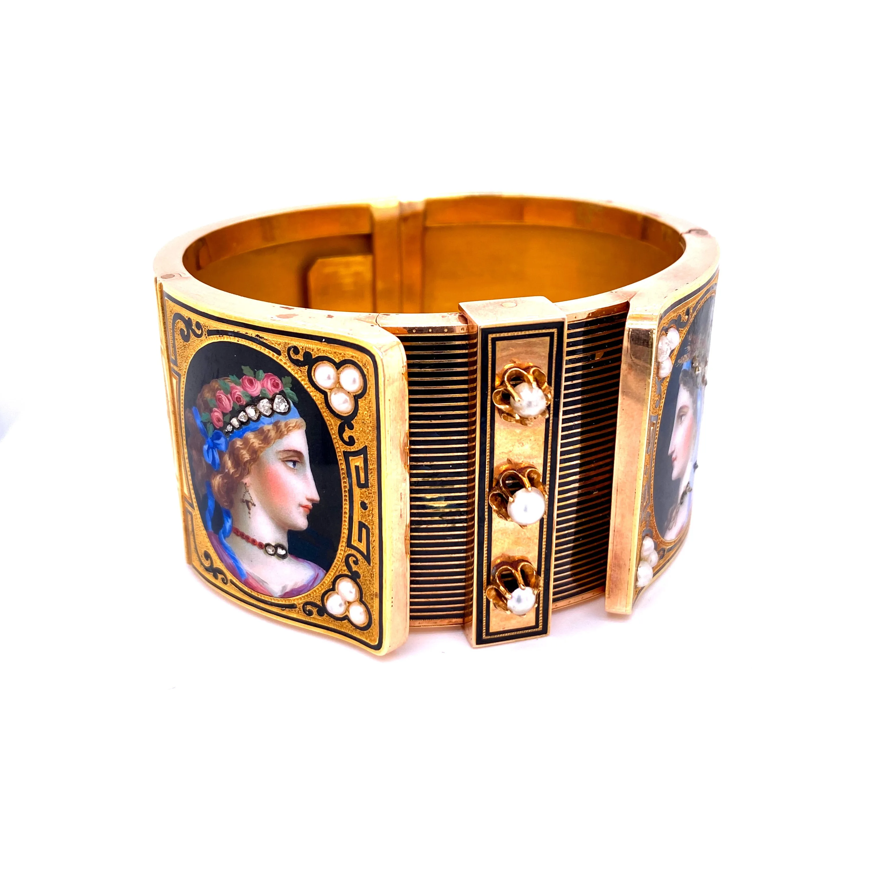 19th Century Austrian Enamel Diamonds Pearls Gold Portraits Bangle