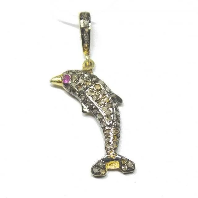 1pc Dolphin Pave Diamond 925 Sterling Silver Gold Vermeil Charm Pendant 35mm x 8mm