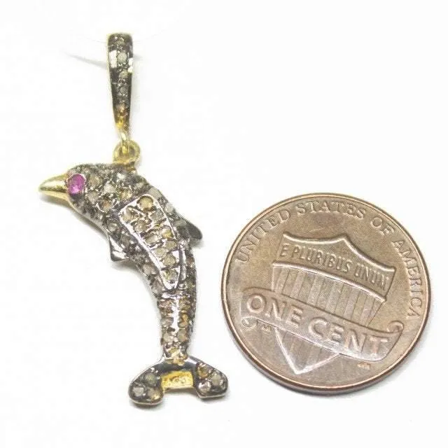1pc Dolphin Pave Diamond 925 Sterling Silver Gold Vermeil Charm Pendant 35mm x 8mm