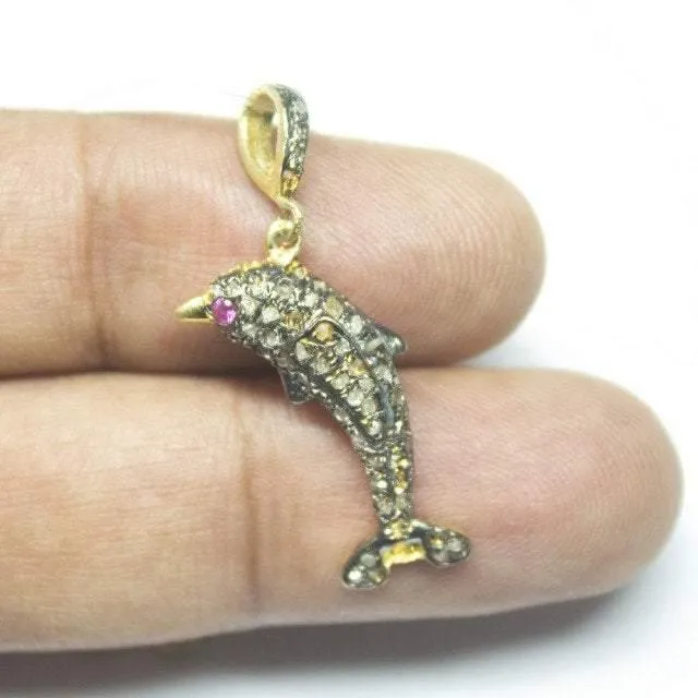 1pc Dolphin Pave Diamond 925 Sterling Silver Gold Vermeil Charm Pendant 35mm x 8mm
