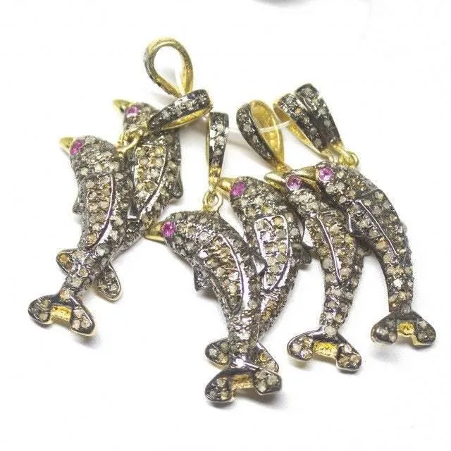 1pc Dolphin Pave Diamond 925 Sterling Silver Gold Vermeil Charm Pendant 35mm x 8mm