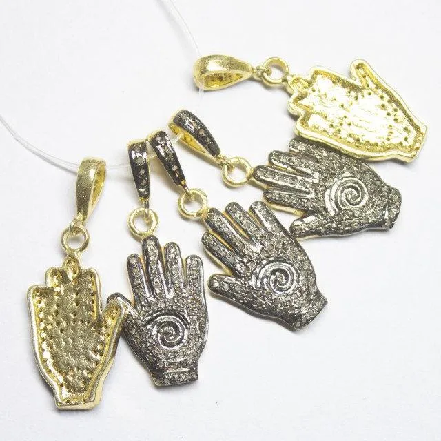 1pc Hamsa Pave Diamond 925 Sterling Silver Gold Vermeil Charm Pendant 24mm x 17mm