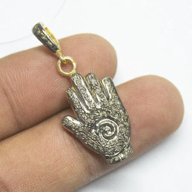 1pc Hamsa Pave Diamond 925 Sterling Silver Gold Vermeil Charm Pendant 24mm x 17mm