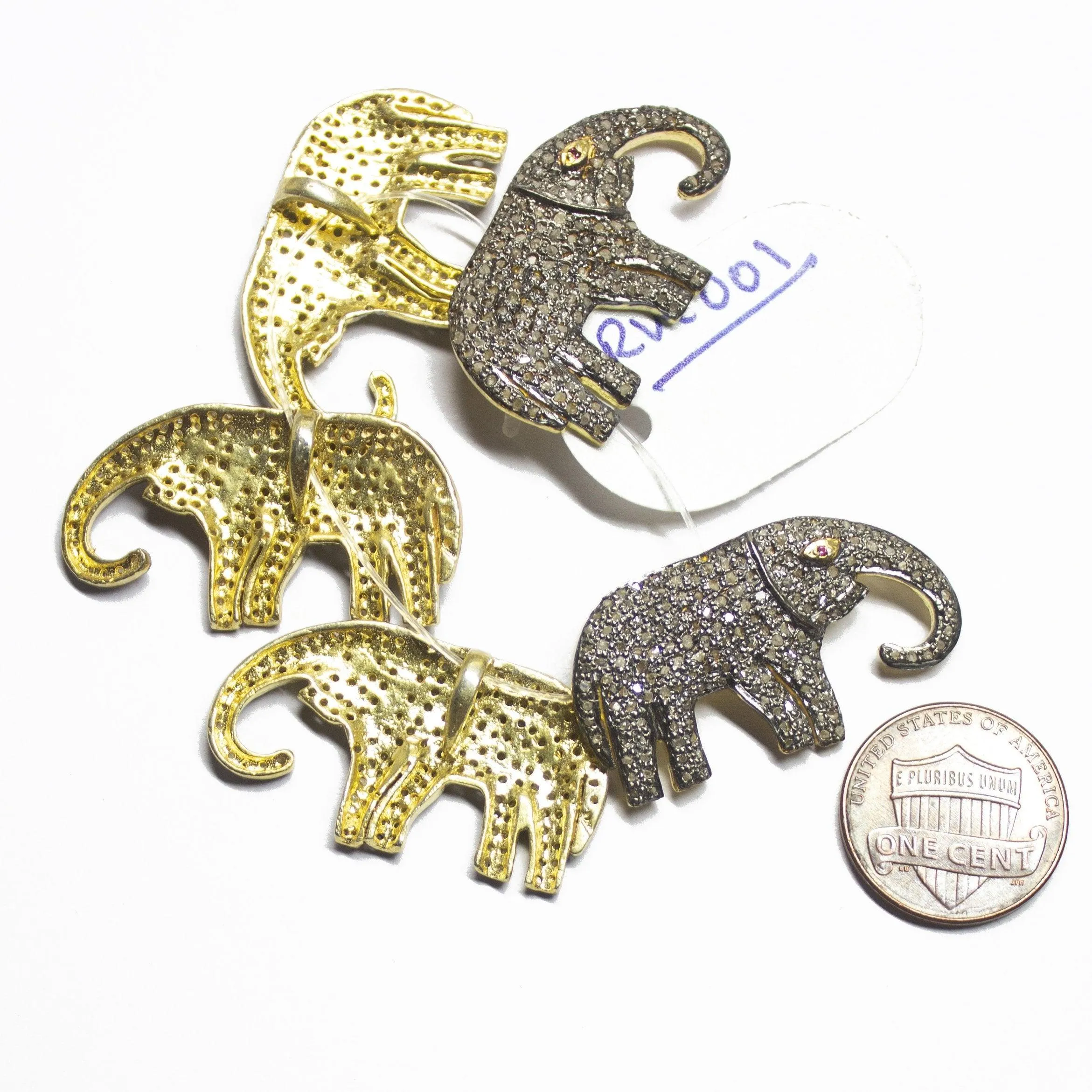 1pc Pave Diamond Elephant Animal 925 Sterling Silver Gold Vermeil Charm Pendant 33mmx19mm