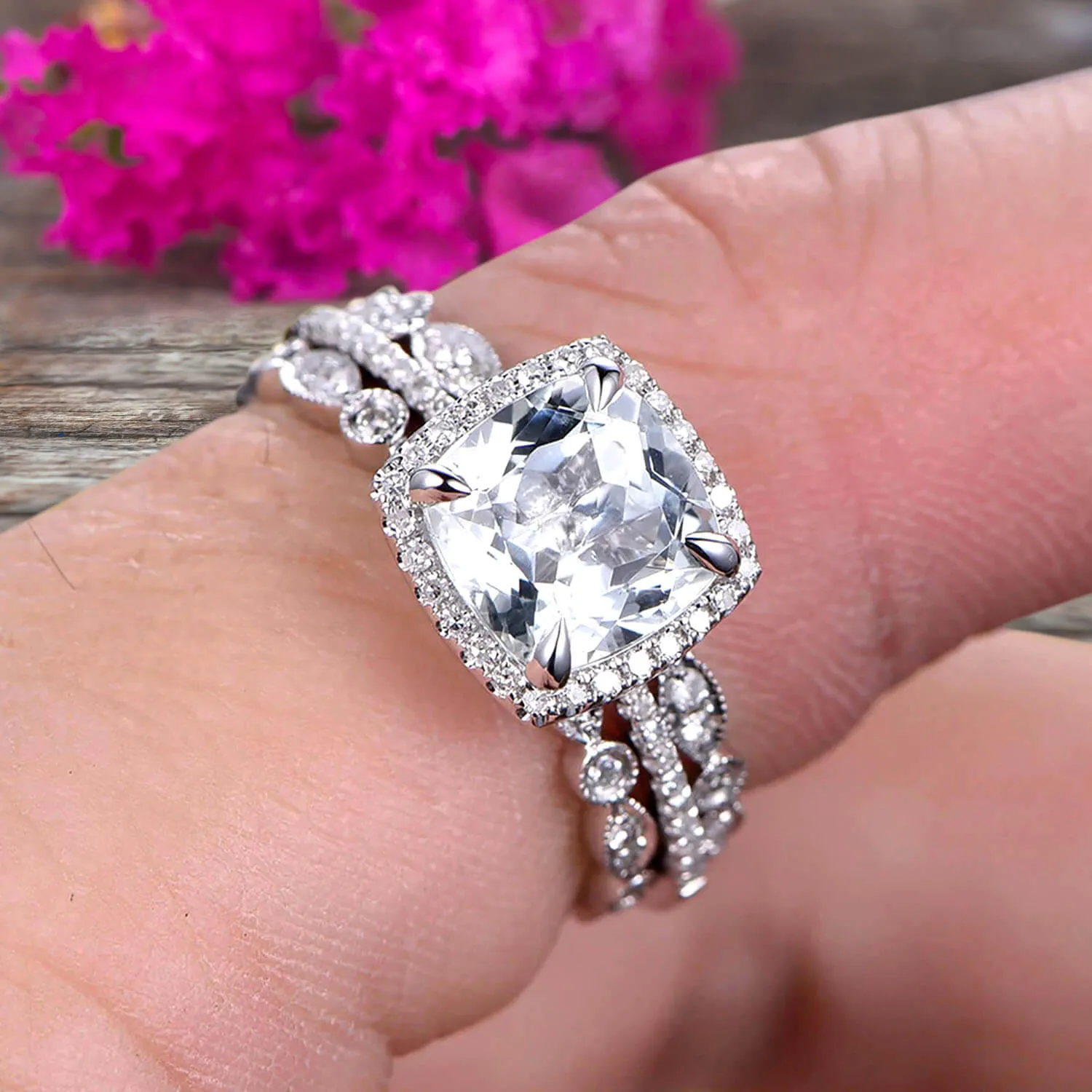 2 Carat Cushion Cut Moissanite Diamond Bridal Set Engagement Wedding Ring 10k White Gold Full Eternity Art Deco With Two Matching Band