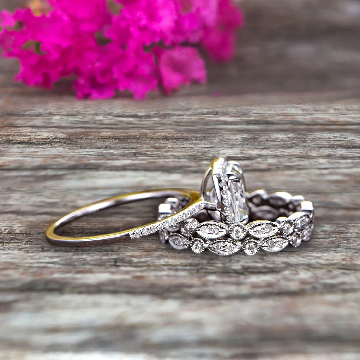 2 Carat Cushion Cut Moissanite Diamond Bridal Set Engagement Wedding Ring 10k White Gold Full Eternity Art Deco With Two Matching Band