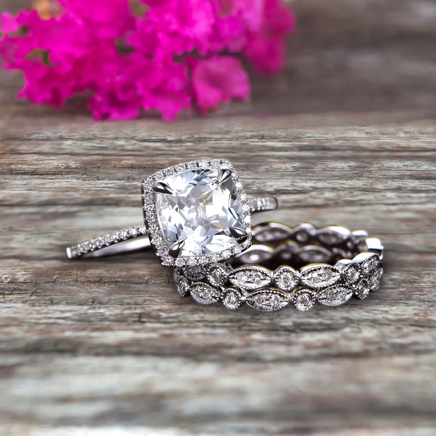 2 Carat Cushion Cut Moissanite Diamond Bridal Set Engagement Wedding Ring 10k White Gold Full Eternity Art Deco With Two Matching Band