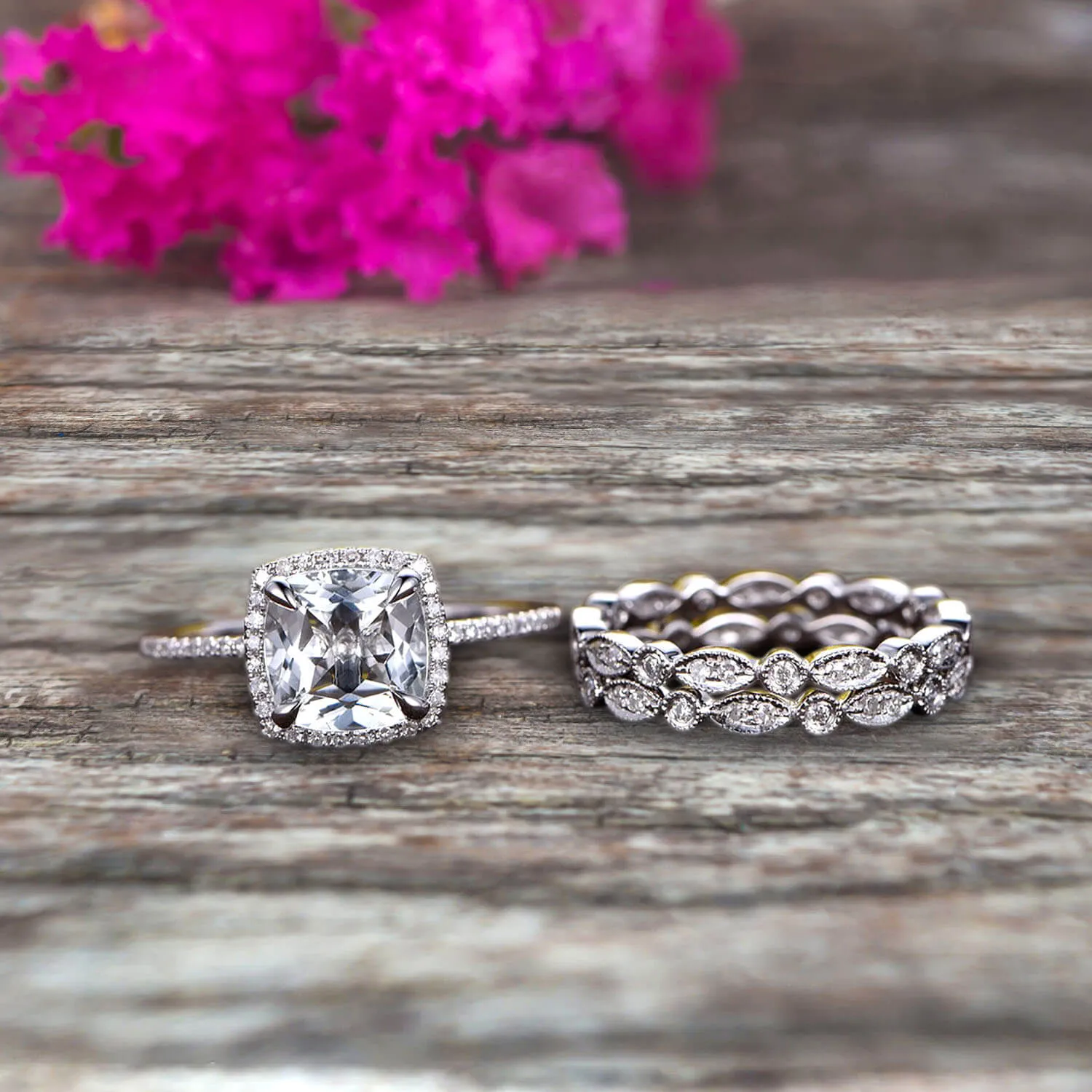 2 Carat Cushion Cut Moissanite Diamond Bridal Set Engagement Wedding Ring 10k White Gold Full Eternity Art Deco With Two Matching Band