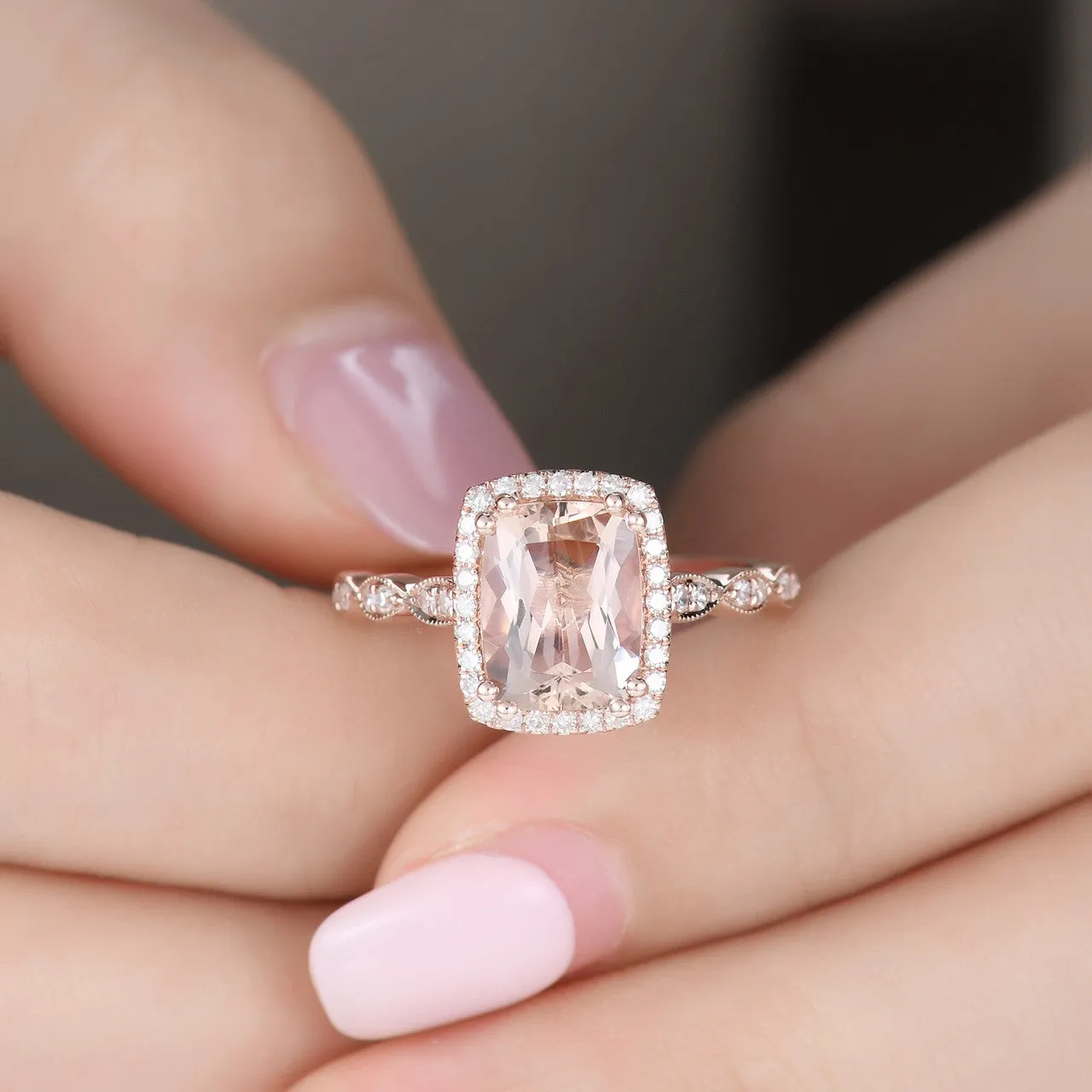 2 Carat Cushion Cut Natural Morganite Wedding Ring Diamond Halo Ring Pink Gold Diamond Wedding Band