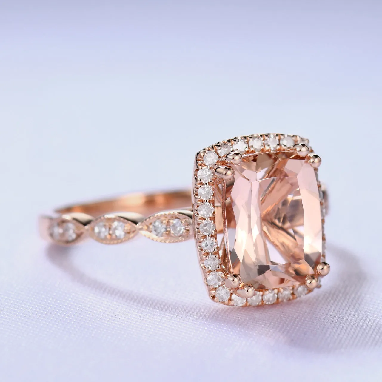 2 Carat Cushion Cut Natural Morganite Wedding Ring Diamond Halo Ring Pink Gold Diamond Wedding Band