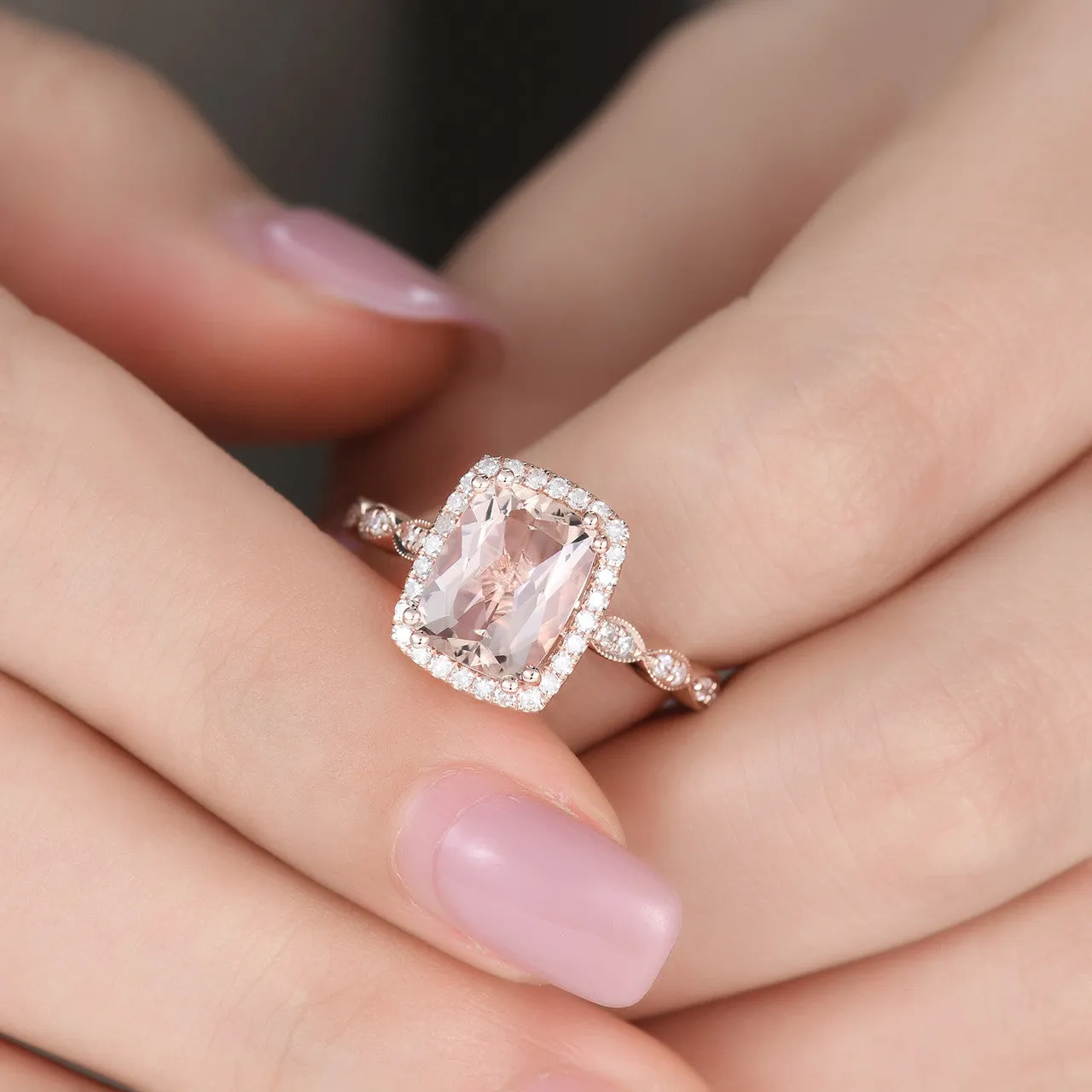 2 Carat Cushion Cut Natural Morganite Wedding Ring Diamond Halo Ring Pink Gold Diamond Wedding Band