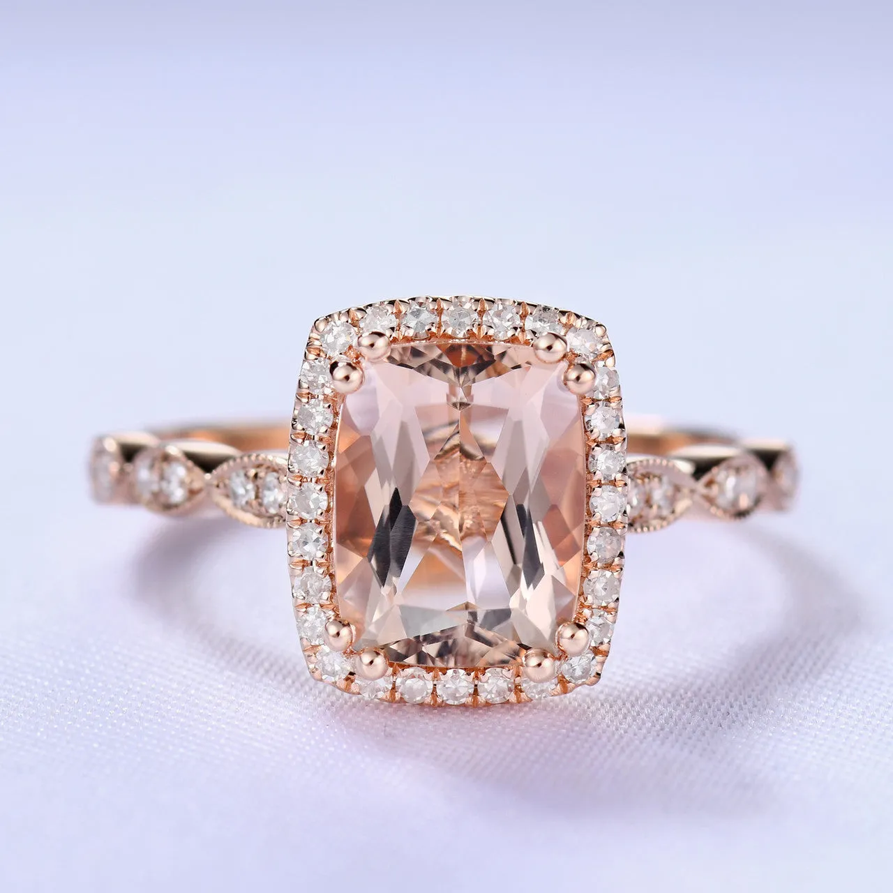 2 Carat Cushion Cut Natural Morganite Wedding Ring Diamond Halo Ring Pink Gold Diamond Wedding Band
