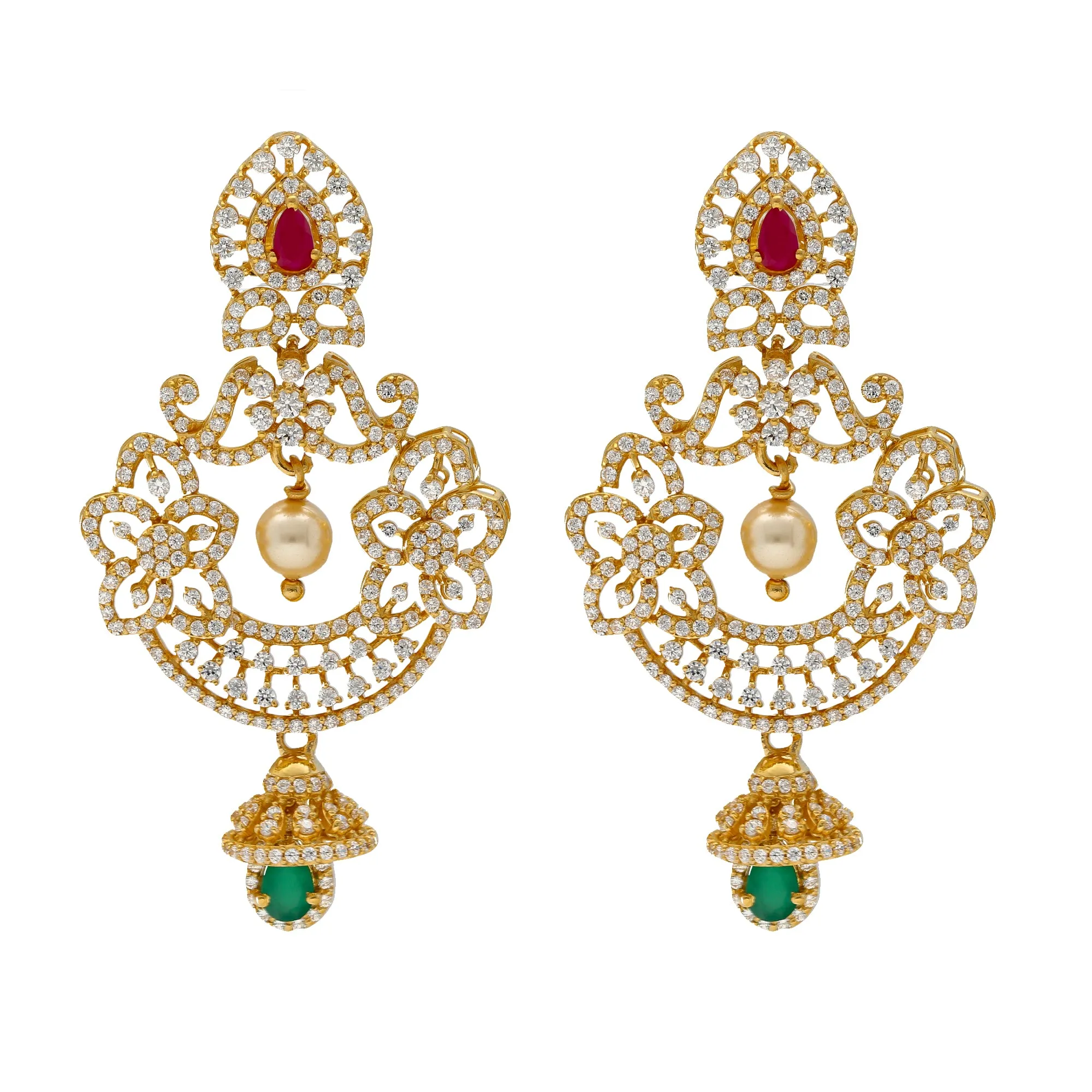 22K Yellow Gold Jeweled Chandbali Earrings (28.3gm)