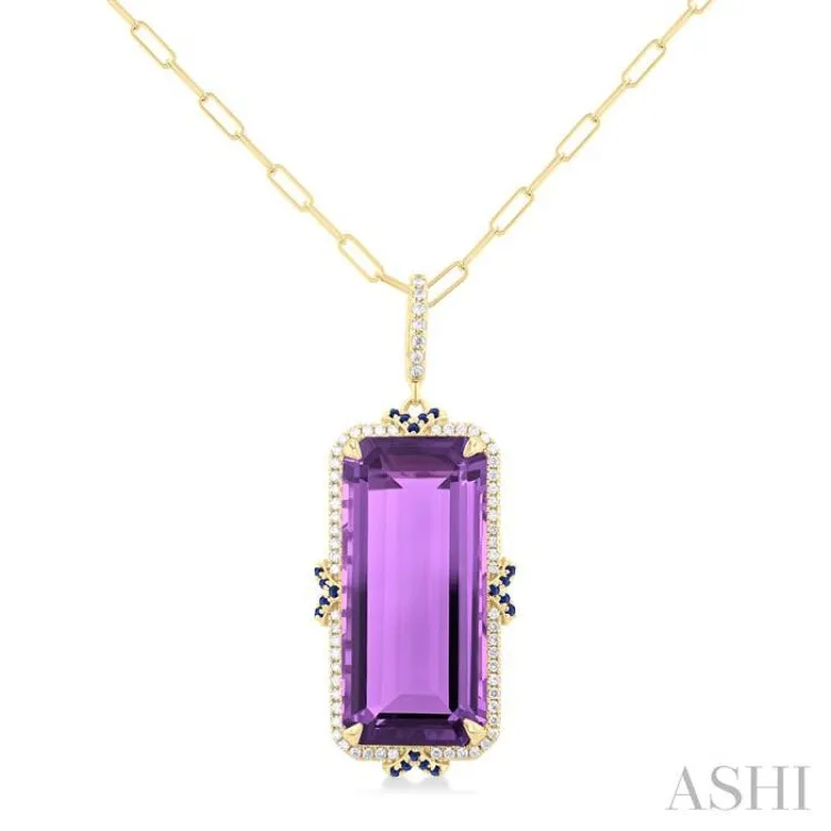 22x10 MM Emerald Cut Amethyst and .80 MM Sapphire & 1/5 ctw Round Cut Diamond Halo Precious & Semi-Precious Pendant With Chain in 14K Yellow Gold