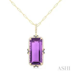 22x10 MM Emerald Cut Amethyst and .80 MM Sapphire & 1/5 ctw Round Cut Diamond Halo Precious & Semi-Precious Pendant With Chain in 14K Yellow Gold