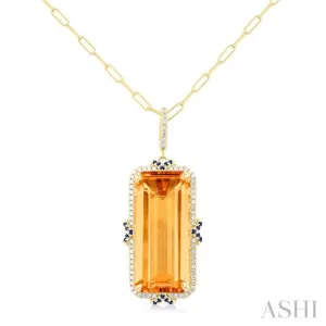 22x10 MM Emerald Cut Citrine and .80 MM Sapphire & 1/5 ctw Round Cut Diamond Halo Precious & Semi-Precious Pendant With Chain in 14K Yellow Gold