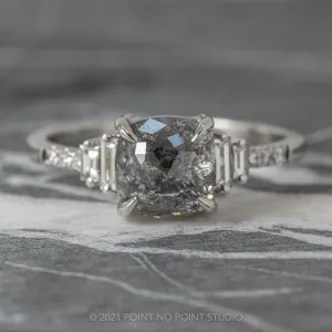 2.31 Carat Salt and Pepper Cushion Diamond Engagement Ring, Betsy Setting, 14K White Gold