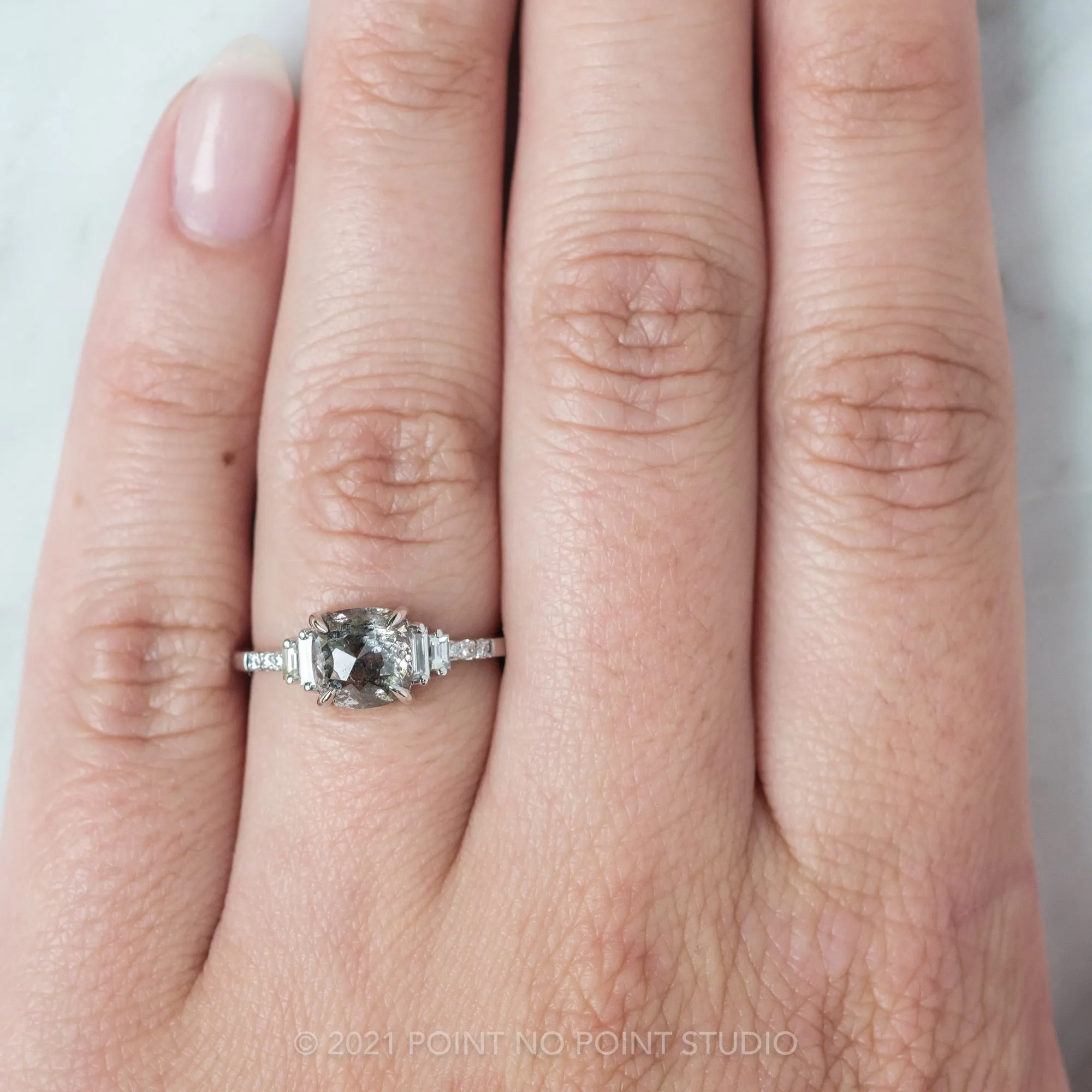 2.31 Carat Salt and Pepper Cushion Diamond Engagement Ring, Betsy Setting, 14K White Gold