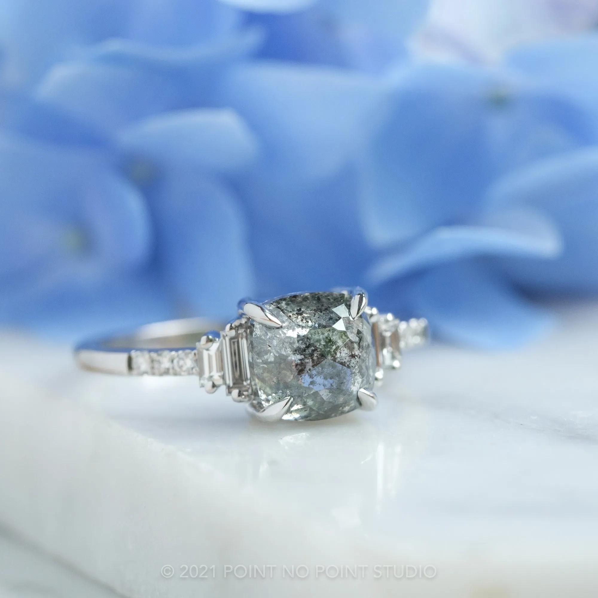2.31 Carat Salt and Pepper Cushion Diamond Engagement Ring, Betsy Setting, 14K White Gold