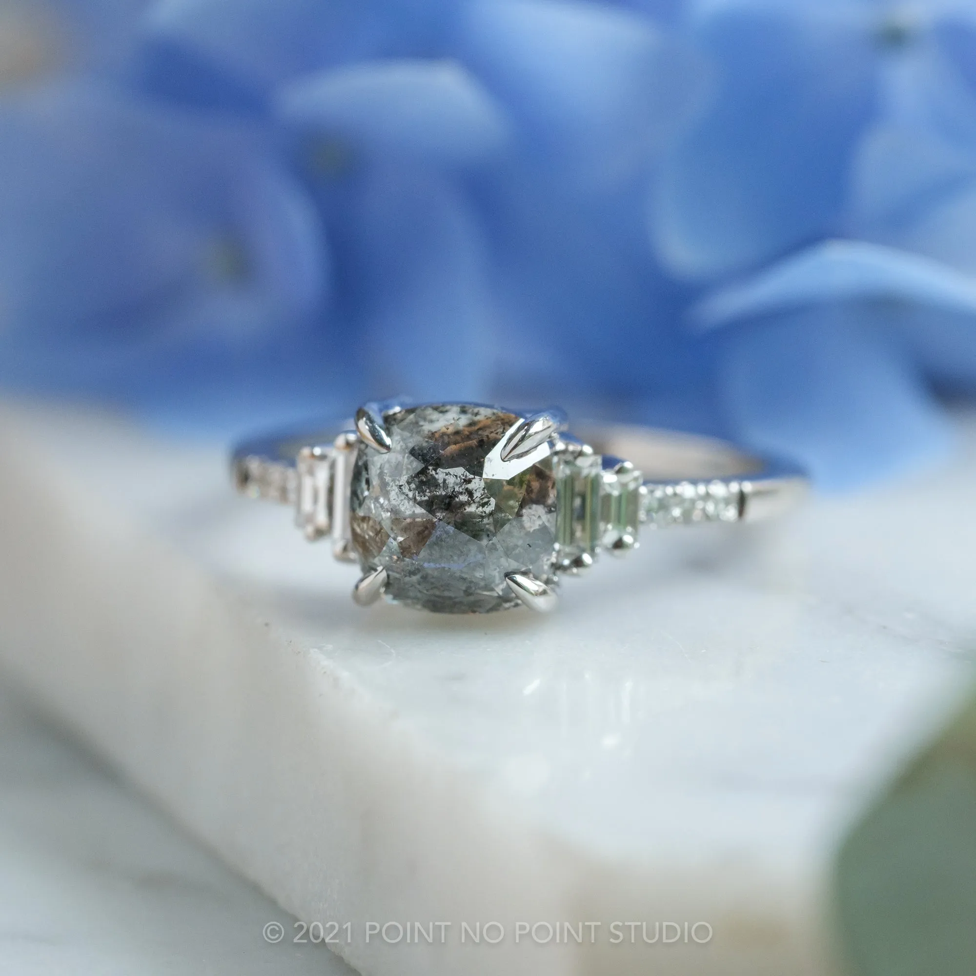 2.31 Carat Salt and Pepper Cushion Diamond Engagement Ring, Betsy Setting, 14K White Gold