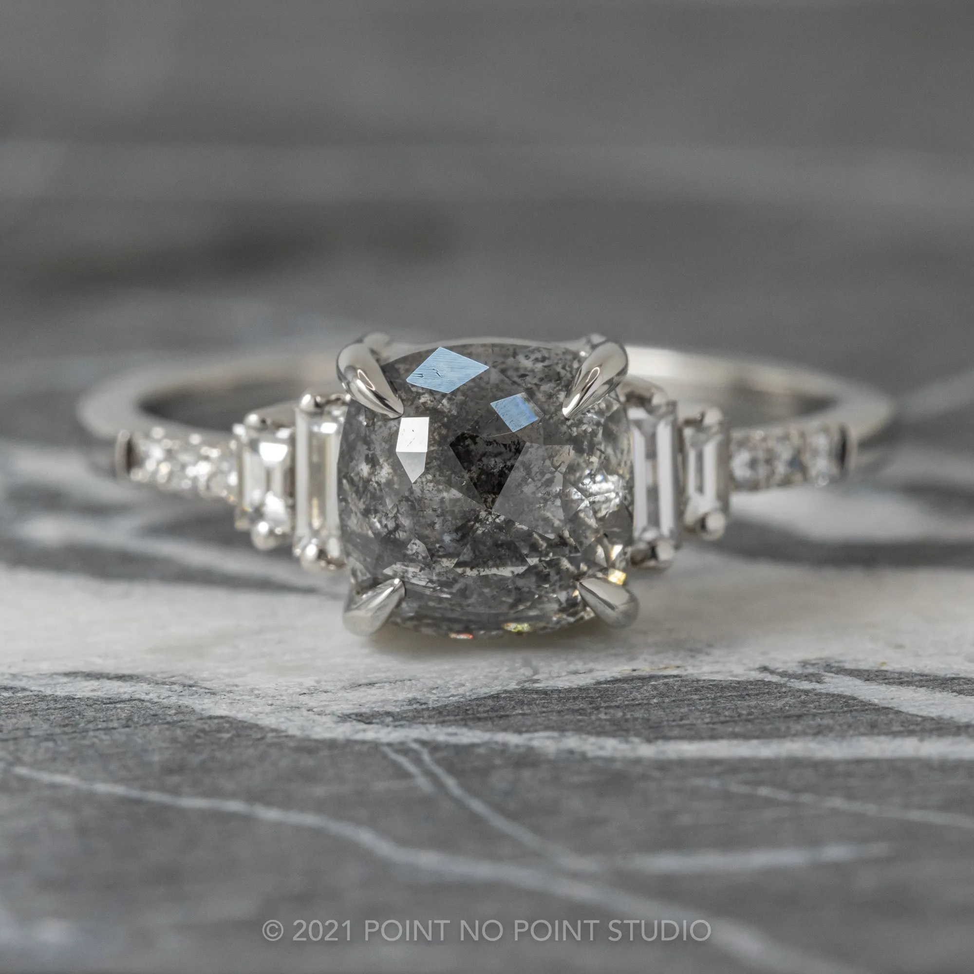 2.31 Carat Salt and Pepper Cushion Diamond Engagement Ring, Betsy Setting, 14K White Gold