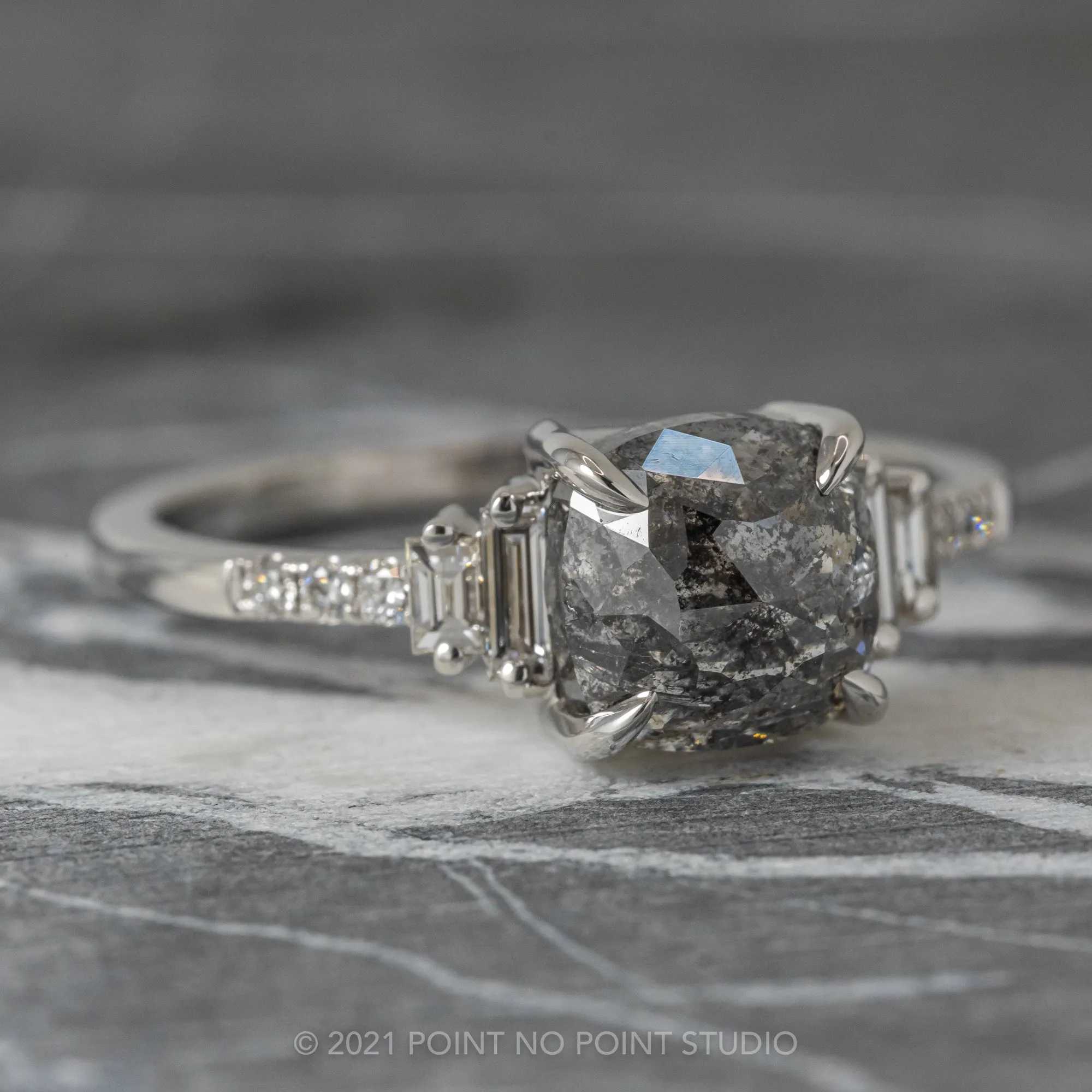 2.31 Carat Salt and Pepper Cushion Diamond Engagement Ring, Betsy Setting, 14K White Gold