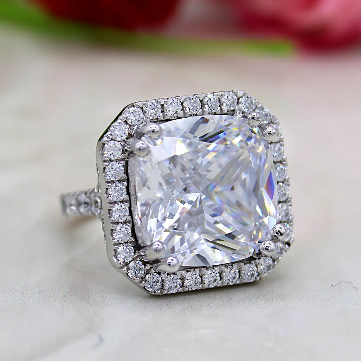 25Ct Cushion Cut Brilliant Halo Swarovski Crystal Wedding Ring