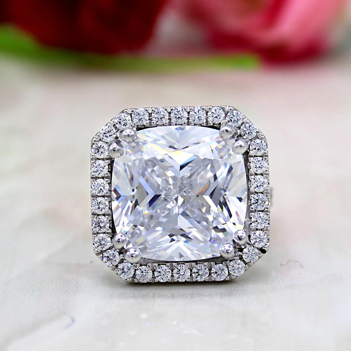 25Ct Cushion Cut Brilliant Halo Swarovski Crystal Wedding Ring