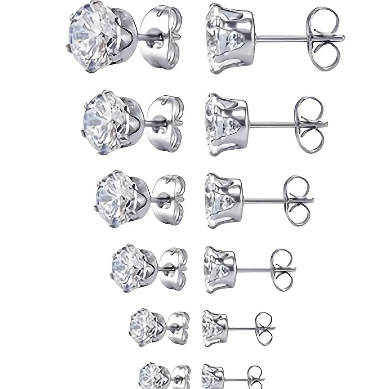 2pc Stainless Steel Zirconia Earrings Non-Allergic Faux Diamond Studs