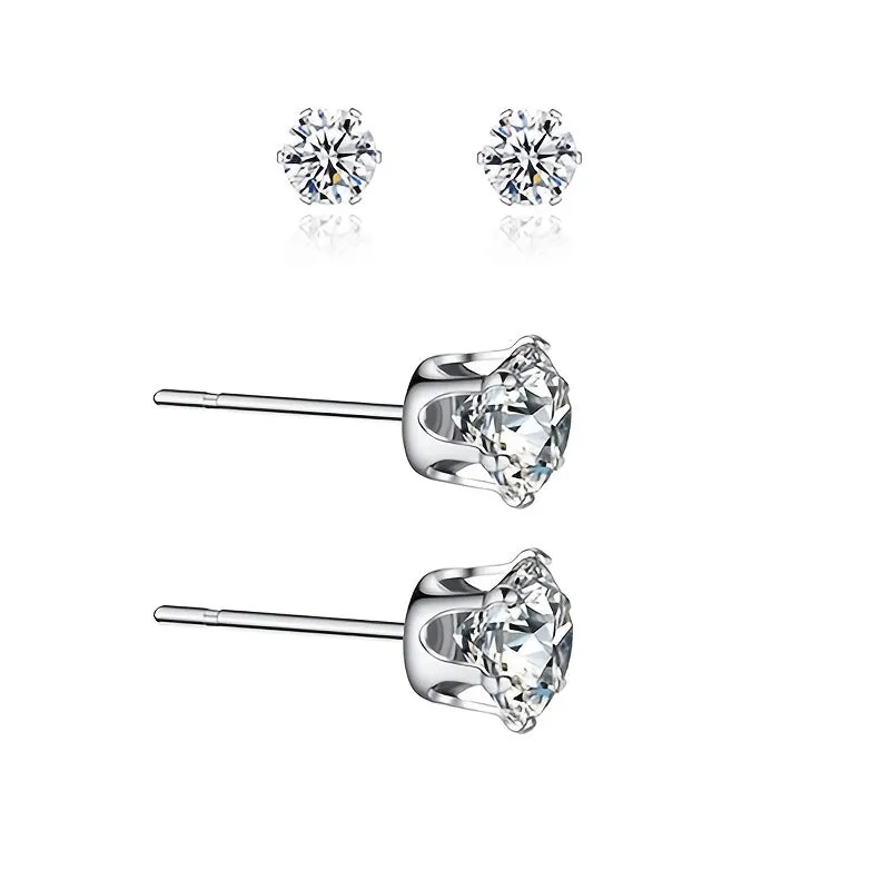 2pc Stainless Steel Zirconia Earrings Non-Allergic Faux Diamond Studs