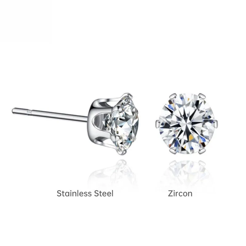 2pc Stainless Steel Zirconia Earrings Non-Allergic Faux Diamond Studs