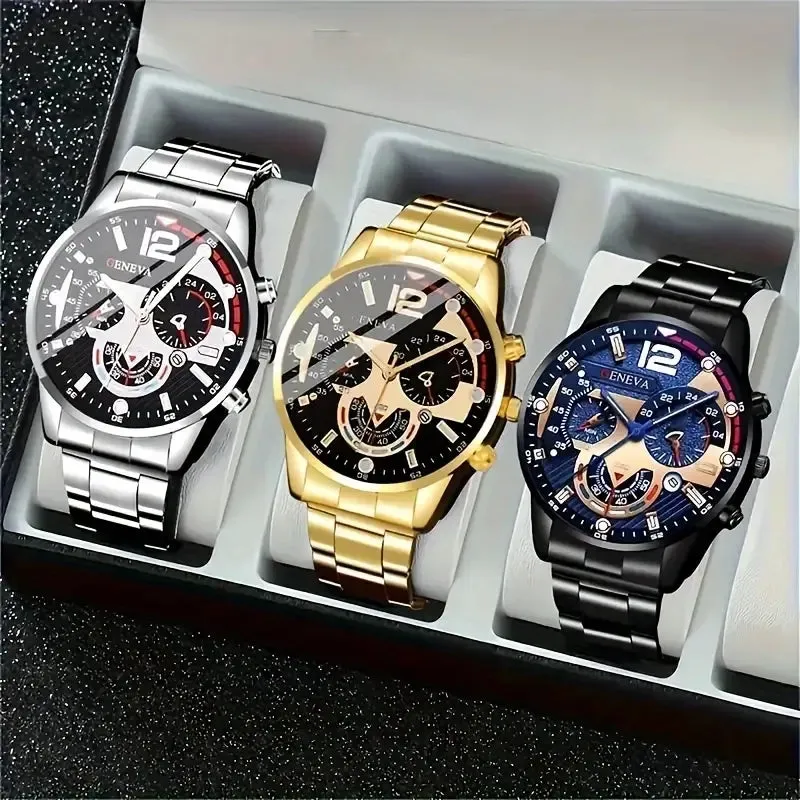 3-Pack: Luxury Men's Quartz Watch Set with Precision Time Scale
