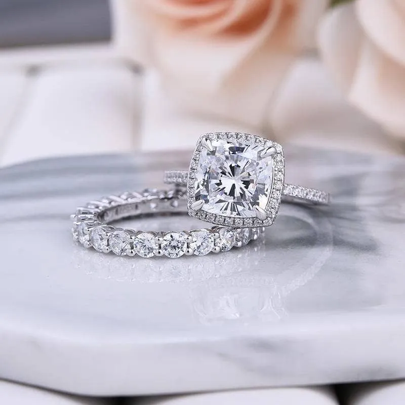 3.2 Carat Cushion Cut Halo Wedding Set