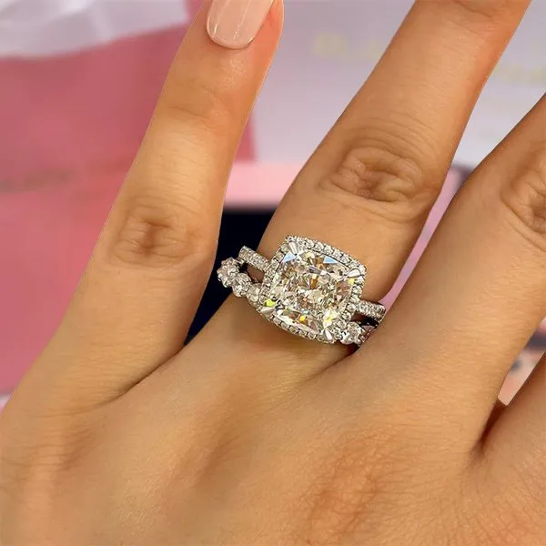 3.2 Carat Cushion Cut Halo Wedding Set