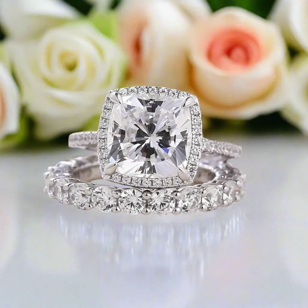 3.2 Carat Cushion Cut Halo Wedding Set