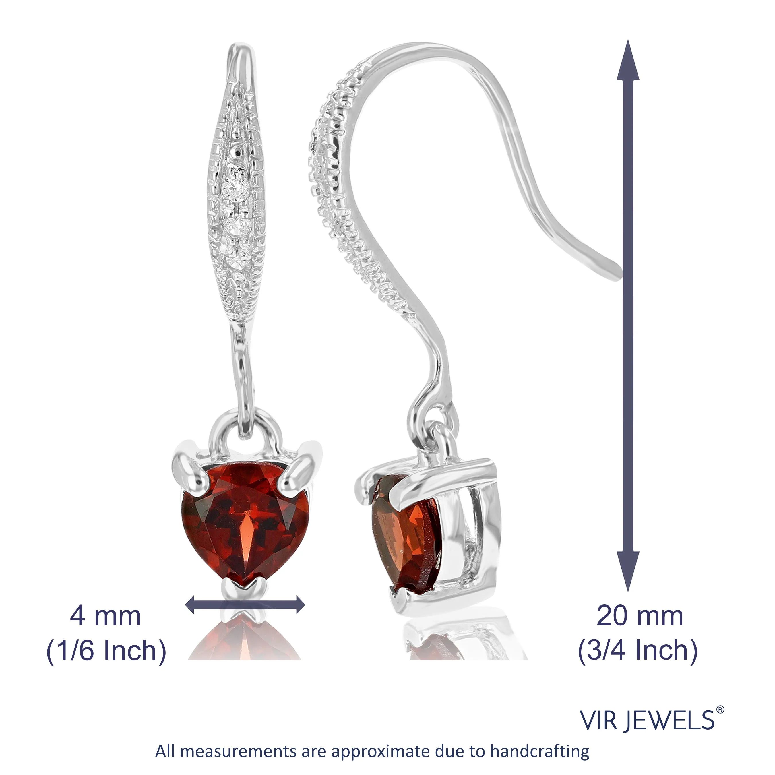3/4 cttw Garnet Dangle Earrings .925 Sterling Silver With Rhodium 5 MM Heart