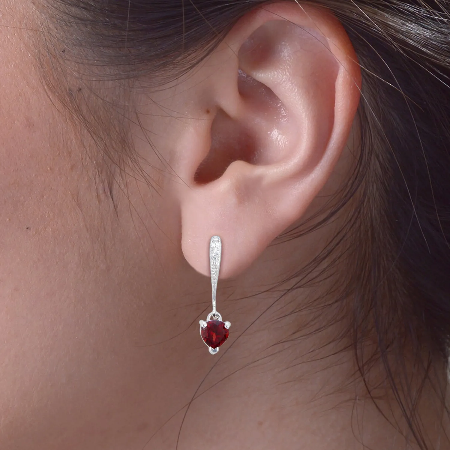 3/4 cttw Garnet Dangle Earrings .925 Sterling Silver With Rhodium 5 MM Heart